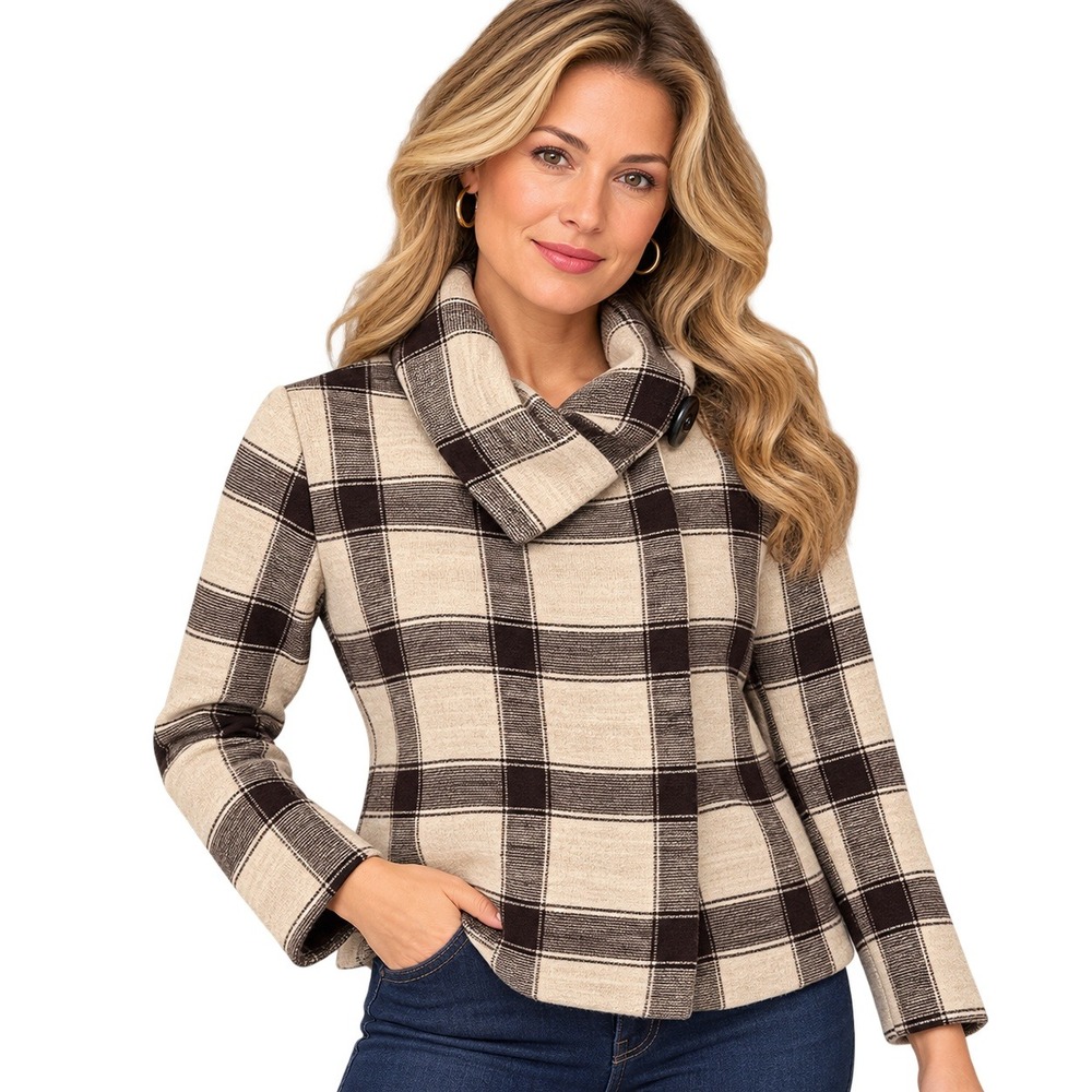 VINTAGE Lauren Ralph Lauren Plaid Cotton Knit Jacket Women M Beige Brown Preppy